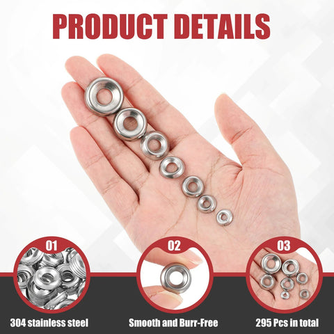 Yaocom 295 pcs finishing cup washers set, sizes #4-#16, 304 stainless steel, silver