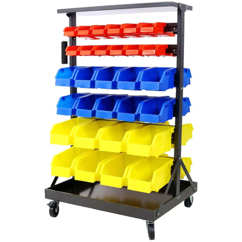 60 Bin Parts Bin Rack For Garage Storage 6 Tier Dual Sided Rolling Steel Shelf 350 Lb Capacity Heavy Duty Portable Wheels