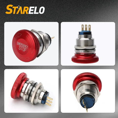 Stainless Steel Emergency Stop Mushroom Push Button Switch With Stop Sign 12-250V AC 5A Prewired Latching 1NO 1NC Twist Reset Seven Eighths Inch Mount Hole 22mm Size High Visibility Stop Control shown from different angles.