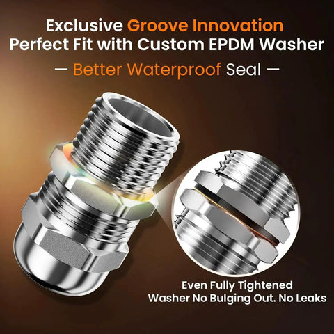 Two Pack Three Quarter Inch NPT Stainless Steel Cable Glands Waterproof IP68 with custom EPDM washer for seal enhancement.