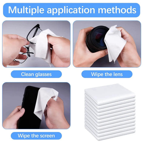 80 Pack Microfiber Cleaning Cloths For Glasses And Lenses 5.5 By 5.5 Inches showing usage on glasses, camera lens, and phone screen.