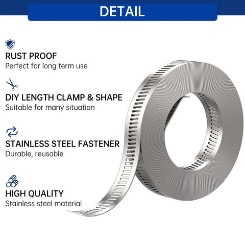 Unrolled stainless steel strap from Stainless Steel Hose Clamp Kit For DIY Projects With 13 Feet Of Metal Strap And 8 Beefy Adjustable Worm Gear Clamps