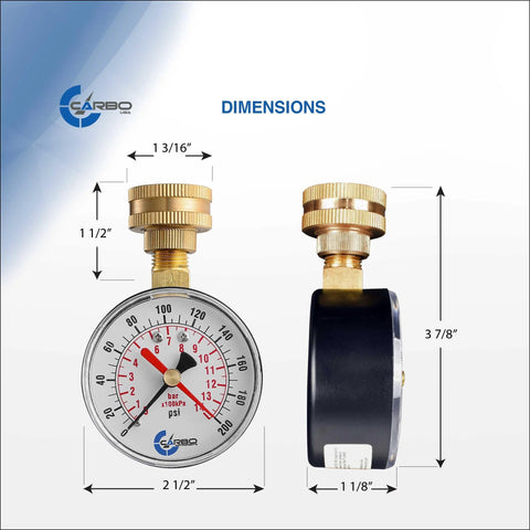 CARBO 2-1/2 in water pressure test gauge, 0-200 psi, brass connector, red max pointer, rust-free case, 3/4 in female hose thread