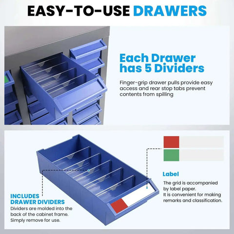 Detailed view of Heavy Duty 100 Drawer Nut And Bolt Organizer With Labels And Adjustable Dividers ABS Drawers And Alloy Steel Frame.