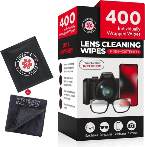 Premoistened Eyeglass Wipes With Microfiber Cloth For Glasses Lenses And Screens in 400-count packaging, lenses shown.