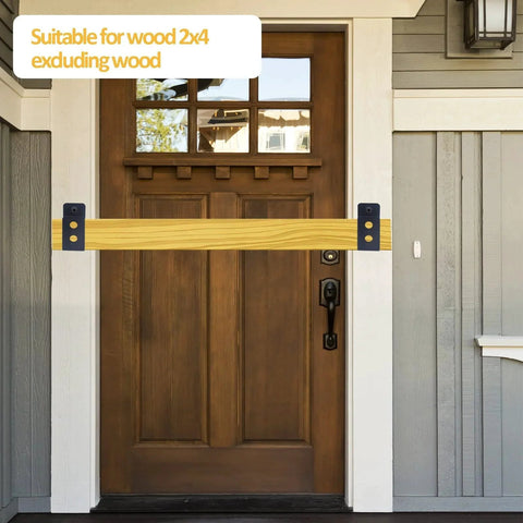 Front view of door with Two Pack 2x4 Door Barricade Brackets, heavy duty carbon steel, black powder coat, for security reinforcement.