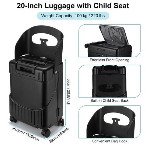 Kids Ride On Luggage With Built In Seat 20 Inch Aluminum Frame Travel Case With Spinner Wheels And Locks Black Top Opening Design