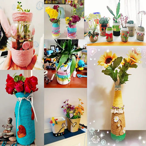 DIY crafts with natural jute twine showcasing colorful vases and pots wrapped in string for creative decor and gardening projects.