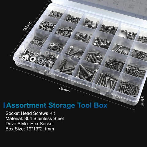 Black And Silver Hex Socket Head Screw Set With Nuts And Flat Washers Pro Grade 580 Pieces M2 M3 M4 M5 in plastic box