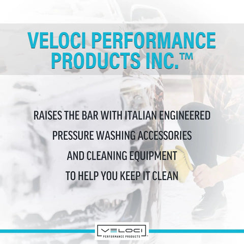 Image of Veloci Performance Products Inc. advertisement for Italian engineered pressure washing accessories and cleaning equipment.