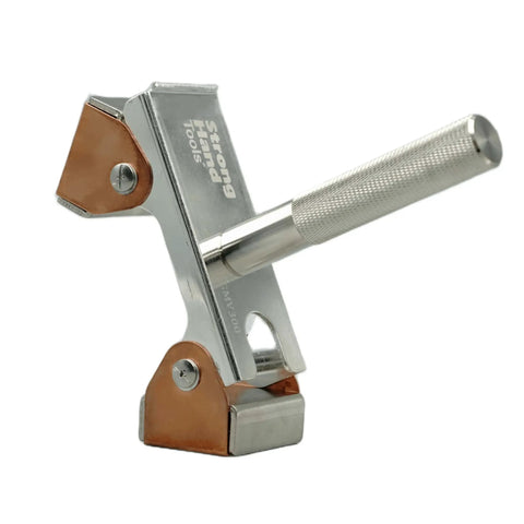 Side view of Hi-Temp Grounding Magnetic V-Pad with pure copper contact, nickel-plated aluminum handle, 500 Amp current, 20 lb magnetic force.