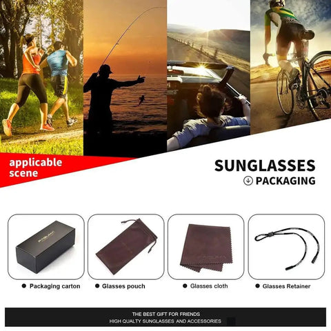 Sunglasses packaging with accessories for Polarized Sports Sunglasses For Men With UV400 Protection Ultralight And Durable For Cycling Driving Fishing And Outdoor Adventures Crisp Vision Glare Busting All Day Comfort Great For Running Hiking And More, showing box, pouch, cloth, and retainer, scenes include cycling and fishing.