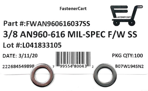 Flat washers, 3/8 in AN960-616 Mil-Spec stainless steel, 5/8 in OD, 0.062 in thick; two washers shown on label.