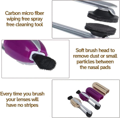 Close-up of Portable Eyeglasses Cleaner Kit With Microfiber Cloths, showing carbon microfiber tool and soft brush heads for lens cleaning.
