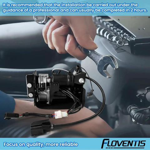 FLOVENTIS air ride suspension compressor pump assembly with wiring harness, front view
