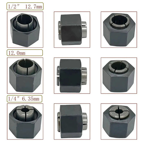 Router Collet Chuck And Nut Set With Reducer Sleeves For Easy Swap One Half Inch And One Quarter Inch Shanks Replacement Kit displayed.