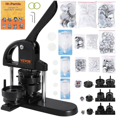 VEVOR 3-in-1 button maker for 25/32/58 mm, black press with handle, includes 300 parts and panda book