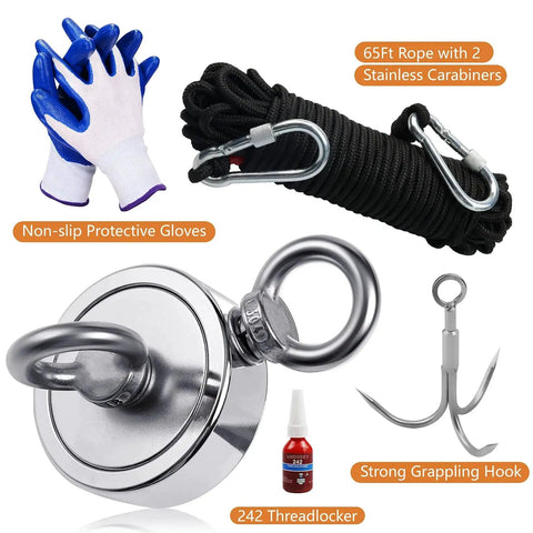 Heavy Duty Magnet Fishing Kit 760 Lbs With Grappling Hook 65ft Rope And Gloves components including magnet, rope, hook, gloves, and threadlocker