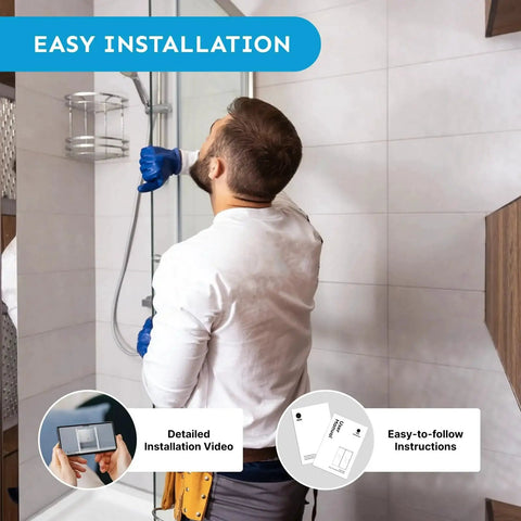Person installing frameless sliding shower door 48x72 inches with 1/4 inch tempered glass using easy-to-follow instructions.