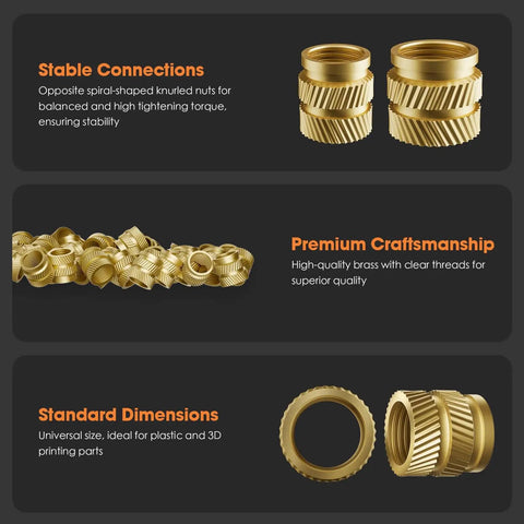 All In One Heat Set Threaded Inserts Kit For 3D Printing M2, M2.5, M3, M4, M5, M6 Brass Knurled Nuts close-up view showing design features