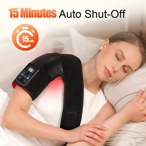Woman using Cordless Knee Massager With Heat And Vibration on shoulder, 15-minute auto shut-off, 5 heating levels, ideal for seniors