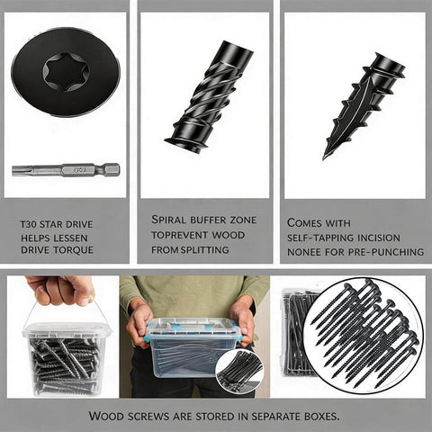 Self Tapping Structural Screws 14 By 6 Inch, 150 Pieces Carbon Steel Black Rustproof Deck Screws With T30 Star Drive Bit shown in packaging.