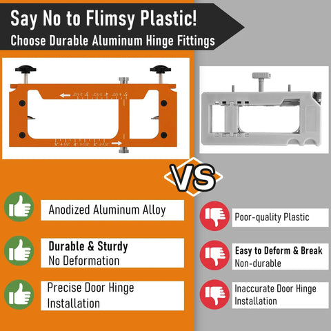 Comparison of Door Hinge Jig Kit For Hinge Mortising And Door Installation, Pro Grade Aluminum Template For 2.5 To 5 Inch Doors vs plastic jig.