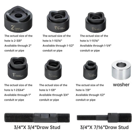 Aluminum Alloy Hydraulic Knockout Hole Punch Kit dies for 1/2 to 2 inch conduit and steel capacity with draw studs and washer