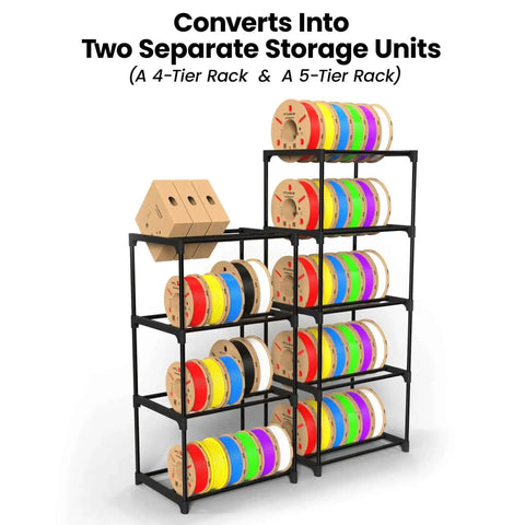 High Capacity 54 Spools Of 1kg 3D Printer Filament Storage Rack split into a 4-tier and 5-tier unit filled with colorful spools