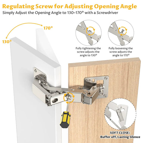 2 Pack 170 Degree Soft Close Cabinet Hinges For Corner Cabinets With Adjustable 130 To 170 Degrees Slow Self Closing Hidden Frameless Hinges By Chibery, installation guide illustration