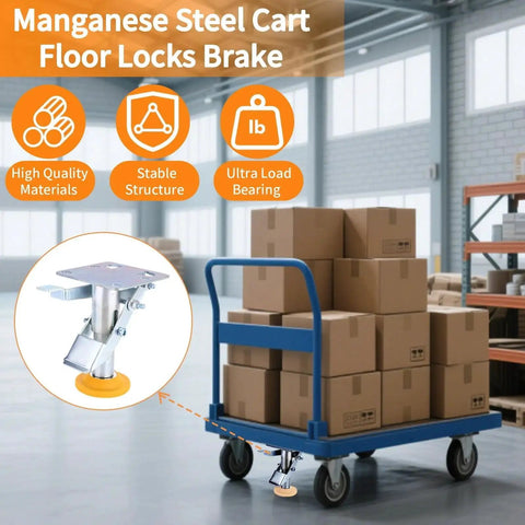 Floor Lock For Carts With Brake Function And Height Adjustable Load Lock in warehouse setting with boxes on trolley