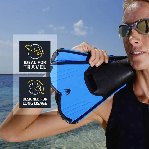 Person holding Ultra Light Fins For Pool Training And Snorkeling, Short Blade For Quick, Effortless Kicks, in bright blue