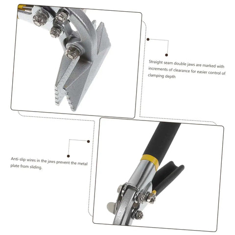 Close-up of 3 Inch Hand Seamer Sheet Metal Bending Tool With Anti Slip Jaws And Locking Handle, showing ergonomic grip and jaws