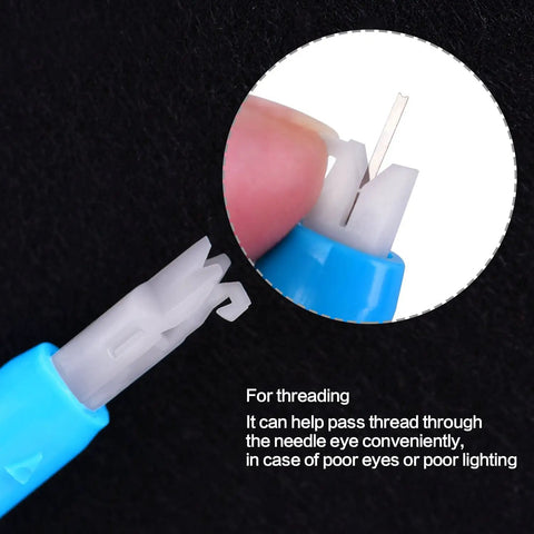 Close-up of Automatic Needle Threader For Sewing Machines 6 Pack Blue And White Hicarer Needle Inserter Tool showing threading mechanism.