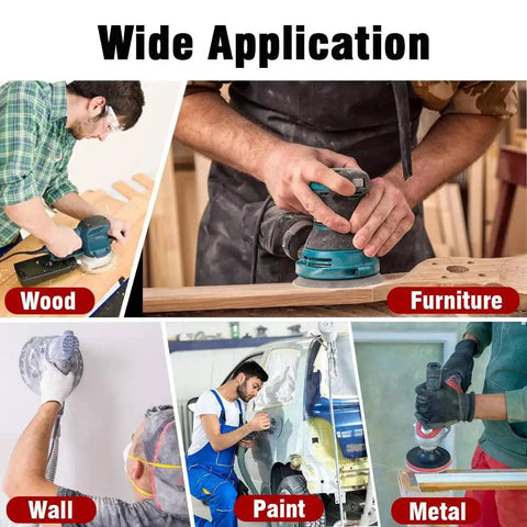 Variety of sanding applications with Five Inch 8 Hole Hook And Loop Sanding Discs Mixed Grits For Orbital Sander on different materials.