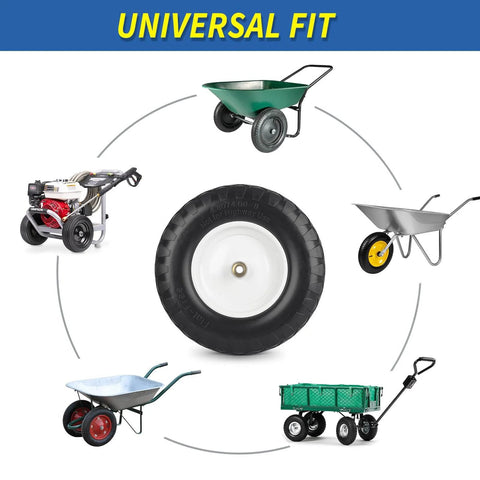 Flat Free 16 Inch Wheelbarrow Tire And Wheel Set Size 4.80 4.00 8 Solid Tire with 3 Inch Centered Hub and Five Eighth Inch Axle Bore
