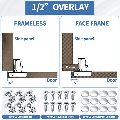 Diagram showing 100 Pack Soft Closing Cabinet Hinges For Kitchen Half Inch Partial Overlay 105 Degree Concealed Hinges with screws and bumpers.