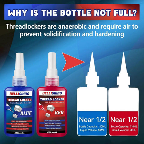 Blue and red thread locker two pack medium and high strength thread locker for nuts bolts fasteners and metals anaerobic curing screw glue to prevent loosening and corrosion for automotive repair and DIY projects.