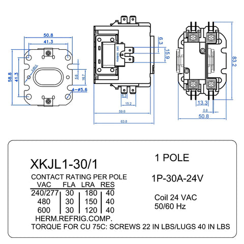 Technical schematic of 24V 1 Pole Air Conditioner Contactor With 30A Full Load Amps And 50A Resistive Load UL Listed HVAC Relay.