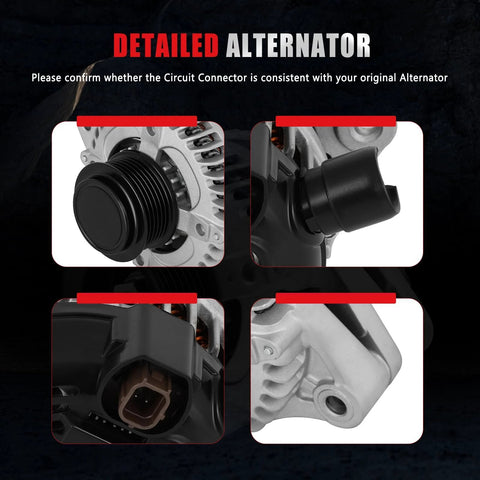 Detailed view of Alternator For Honda Odyssey 2014 2015 2016 2017 V6 3 5L Replaces 31100 RV0 A11 400 52718R 11775N 104211 8520 1042118520 Plug And Play Replacement Auto Electrical Part With Fully Tested Bearings Easy Install showing connectors and pulley