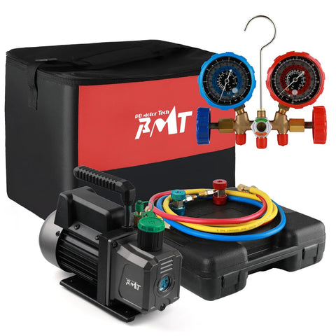 PB Motor Tech 4.5CFM 1/3HP vacuum pump with 3-way AC manifold gauge set, hoses and puncture tap in carrying case