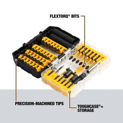 Impact Ready Flextorq 40-Piece Steel Screwdriver Bit Set By DeWalt With Extended Flextorq Zone in a clear-lid storage case