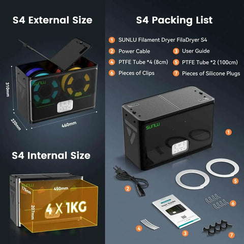 3D Printer Filament Dryer S4 showing external and internal sizes, packing list, and accessories; 4-spool capacity with fans and heater, black.