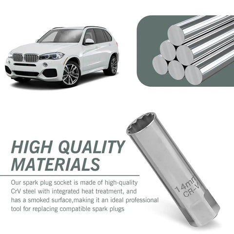 Heavy Duty Spark Plug Socket With 12 Point Spline Drive And Leaf Spring Clamp Three Eighths Inch Drive Disassembly Tool For Motorcycles And Cars Including BMW Nissan MINI And More Easy Grip For Quick Plug Removal next to car and steel rods