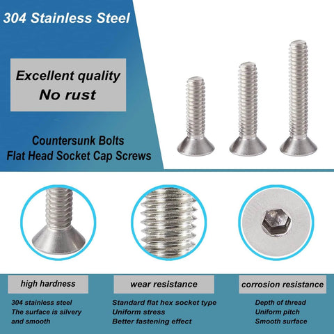 M6 Flat Head Hex Socket Cap Screws Assortment Kit 50Pcs Stainless Steel 304 Countersunk Bolts With Metric Allen Drive
