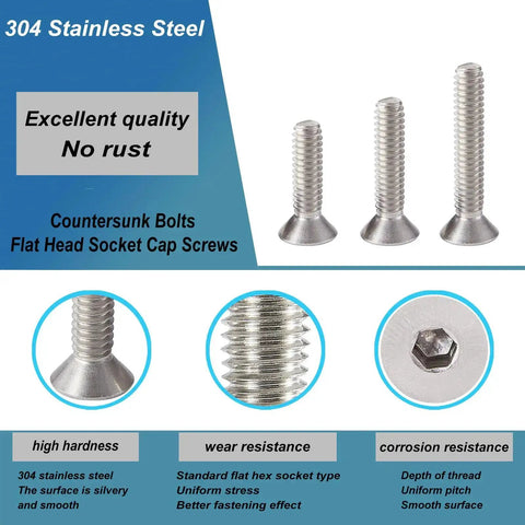 Flat Head Hex Socket Cap Screws M6 Set In 8mm 12mm 16mm 20mm 25mm Lengths 304 Stainless Steel Countersunk Bolts Display