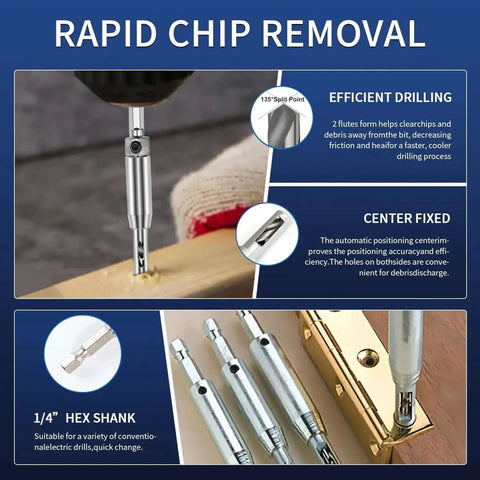 3 Piece Self Centering Hinge Tapper Core Drill Bit Set For Woodworking with No 6 No 8 No 10 Bits and hex shank in use