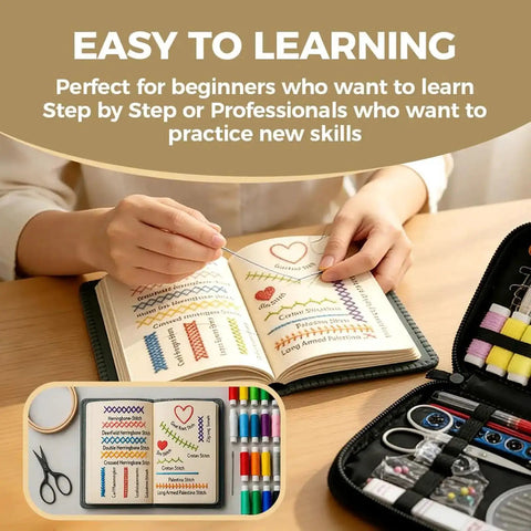 Person using Upgraded Embroidery Stitch Book Kit For Beginners With Full Tools And Clear Tutorial 106 Pattern Library.