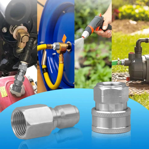 3/8 Inch Pressure Washer Quick Connect Fittings Set Stainless Steel 5000 PSI Male And Female Thread Adapters in use