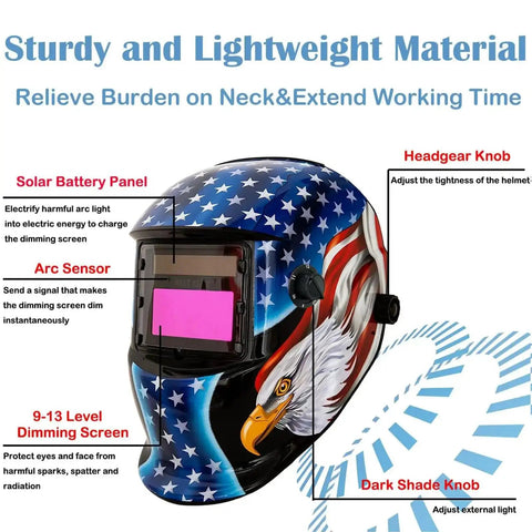 Auto Darkening Welding Helmet With True Color Solar Powered Hood Pro Grade, Adjustable Shade Range 4 To 9 To 13, American flag design.